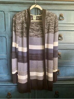 Hooded Roxy Striped Open-Front Cardigan in Blue, Black & White